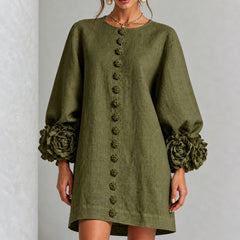 The Elowen | Floral-Cuff Mini Dress, Olive — button fabric detail