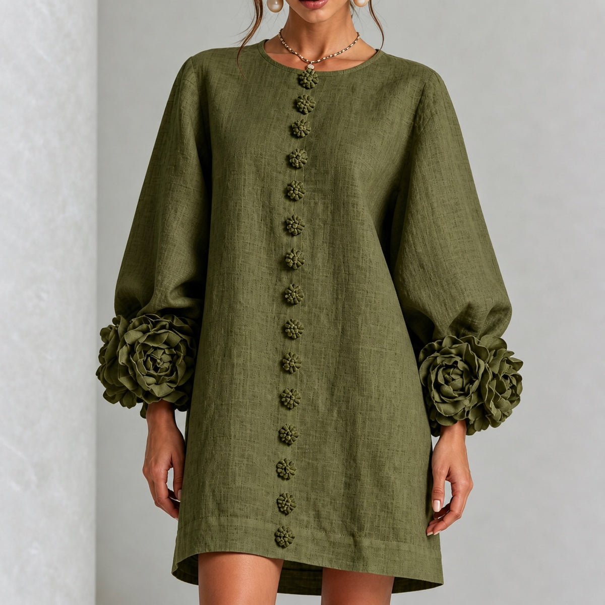 The Elowen | Floral-Cuff Mini Dress, Olive — button fabric detail
