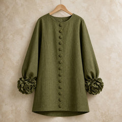 The Elowen | Floral-Cuff Mini Dress, Olive — product hanger