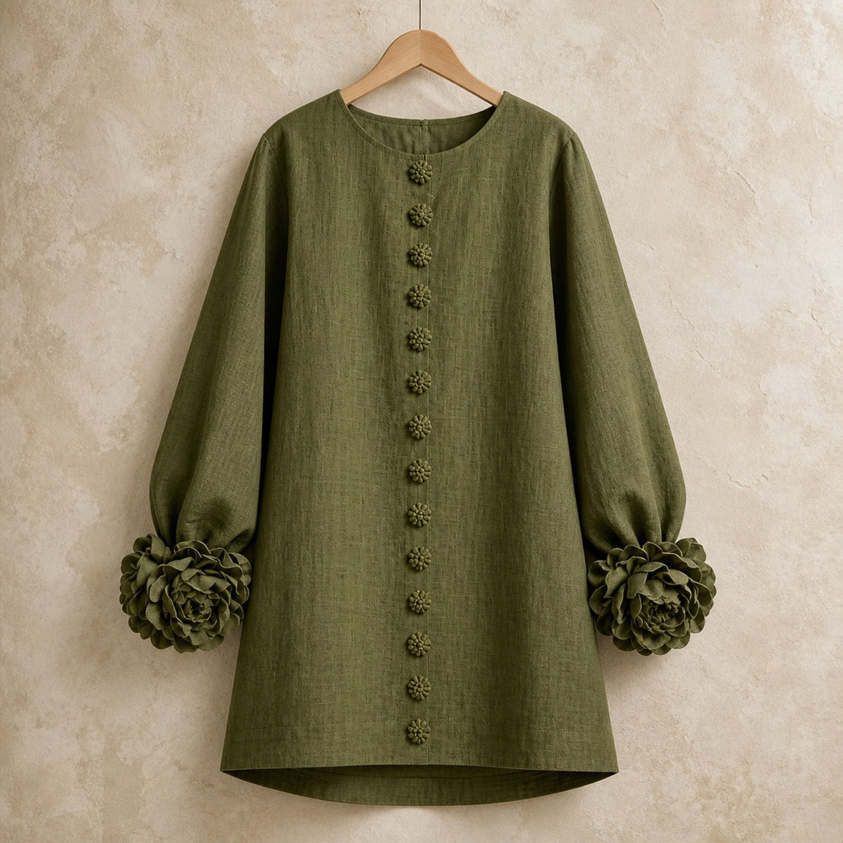 The Elowen | Floral-Cuff Mini Dress, Olive — product hanger