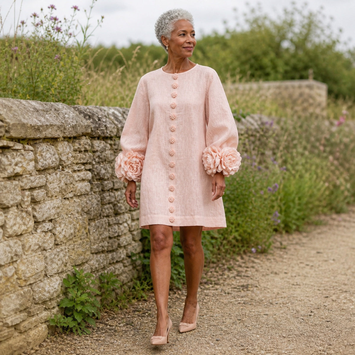 The Elowen | Floral-Cuff Mini Dress, Pink — outdoor movement