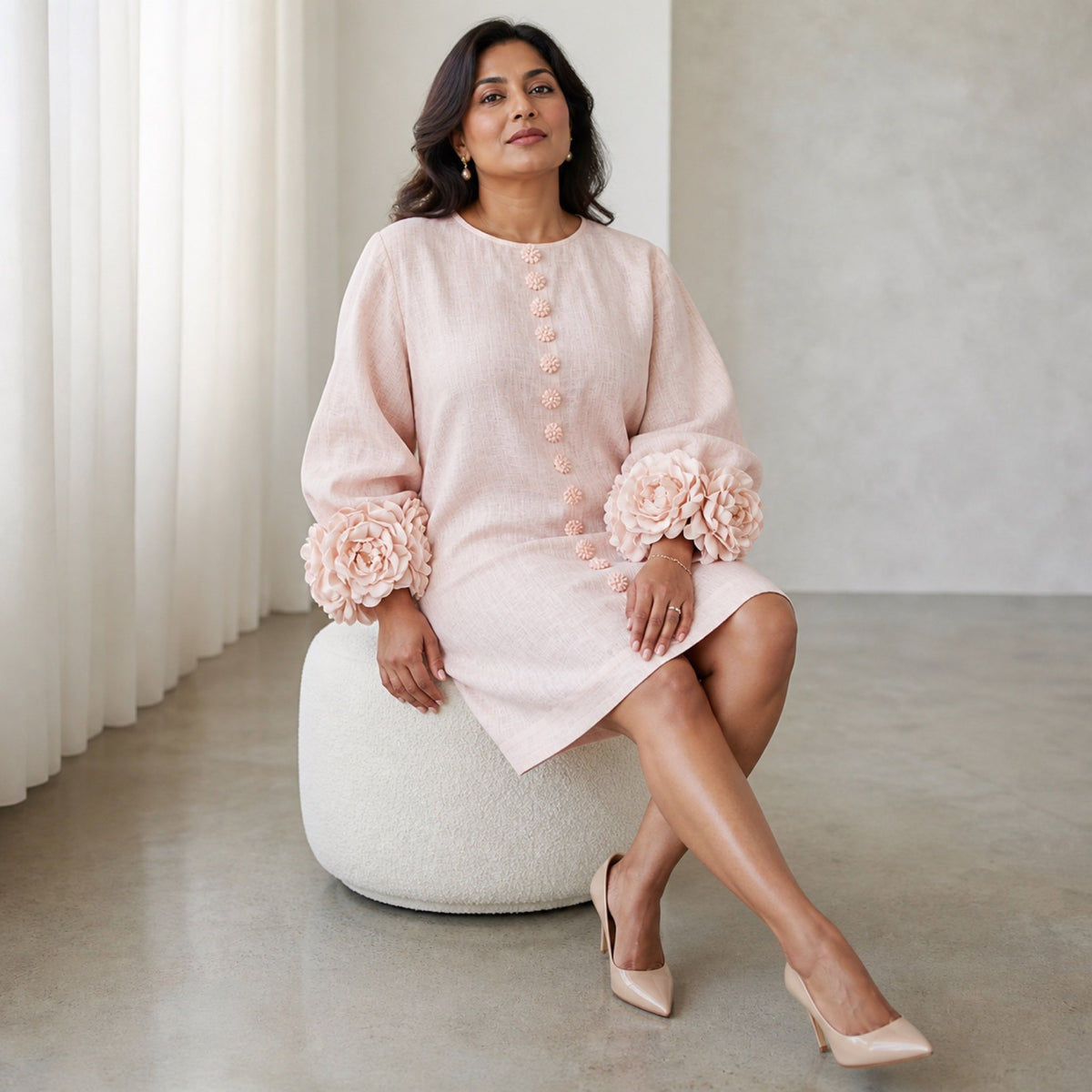 The Elowen | Floral-Cuff Mini Dress, Pink — seated relaxed