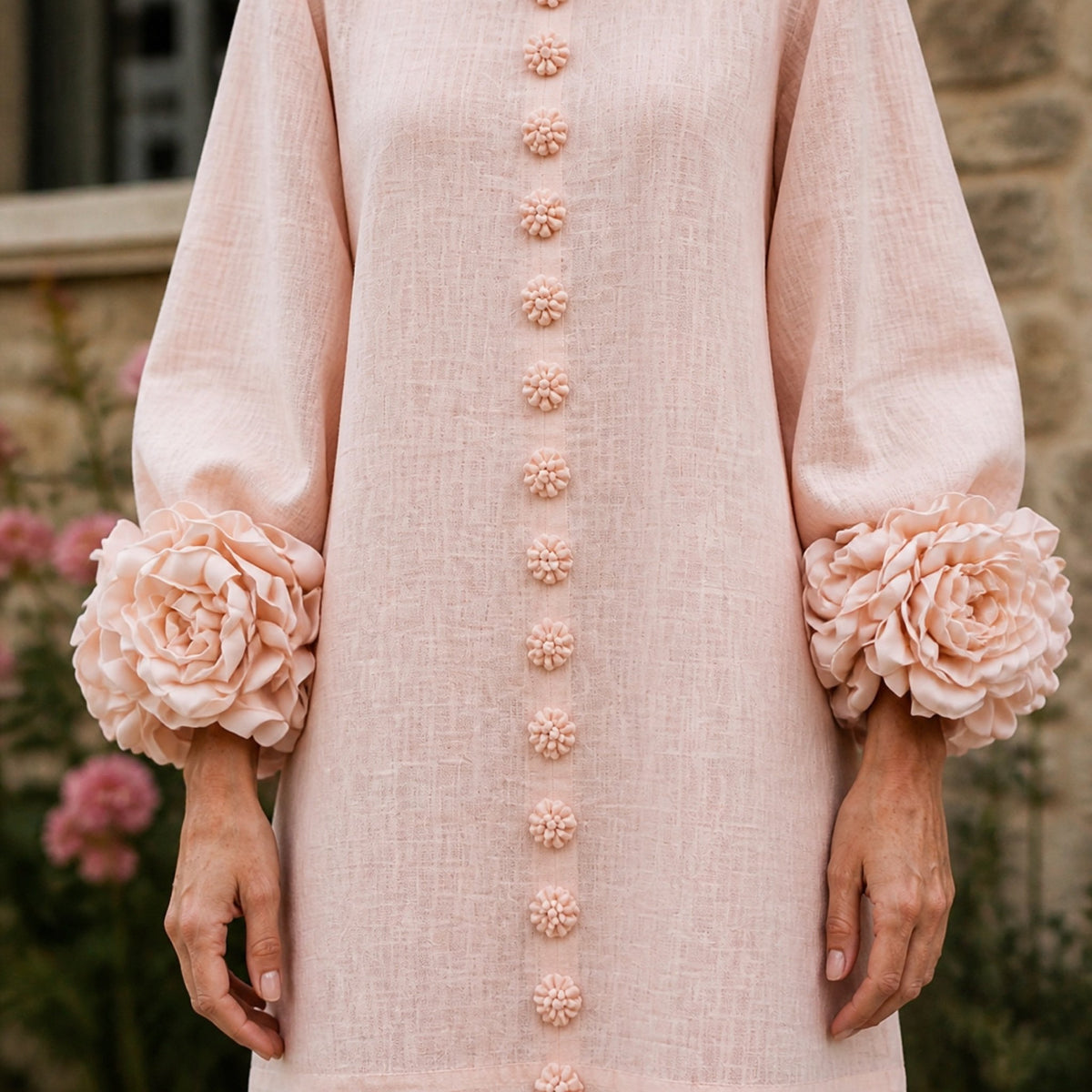 The Elowen | Floral-Cuff Mini Dress, Pink — cuff detail