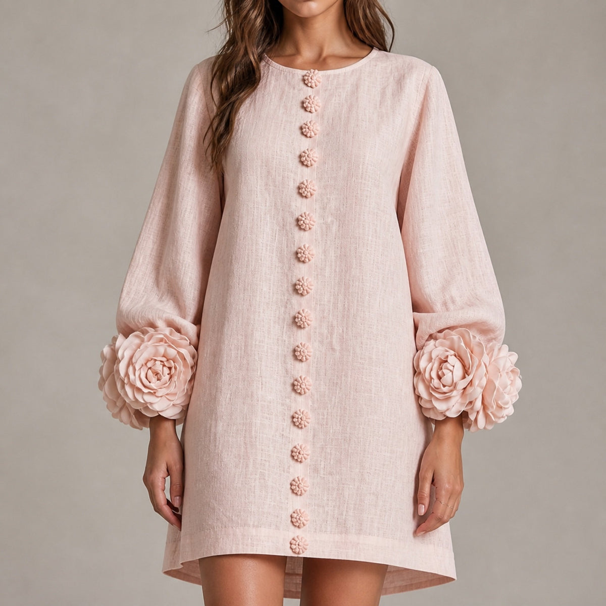 The Elowen | Floral-Cuff Mini Dress, Pink — button fabric detail