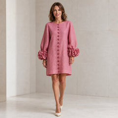The Elowen | Floral-Cuff Mini Dress, Rose — studio front step