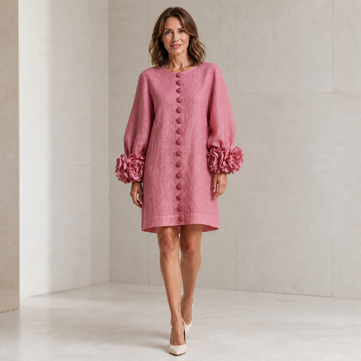 The Elowen | Floral-Cuff Mini Dress, Rose — studio front step