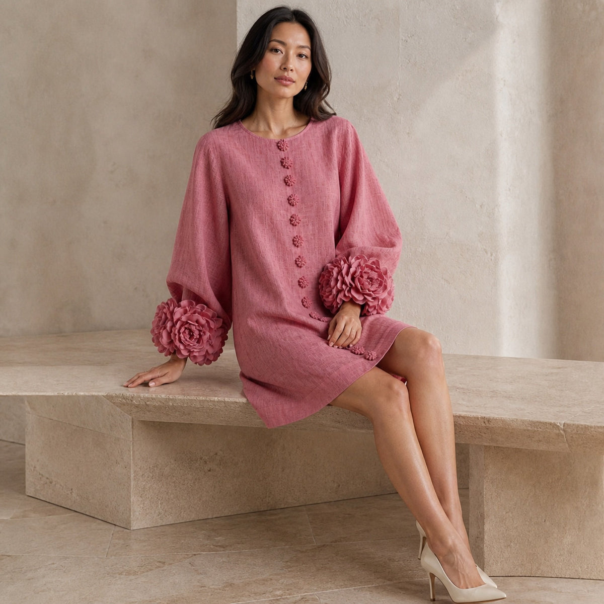 The Elowen | Floral-Cuff Mini Dress, Rose — seated relaxed