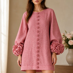The Elowen | Floral-Cuff Mini Dress, Rose — button fabric detail