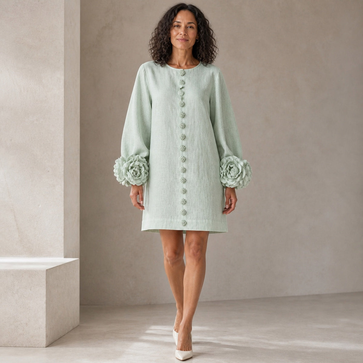 The Elowen | Floral-Cuff Mini Dress, Sage Mist — studio front step
