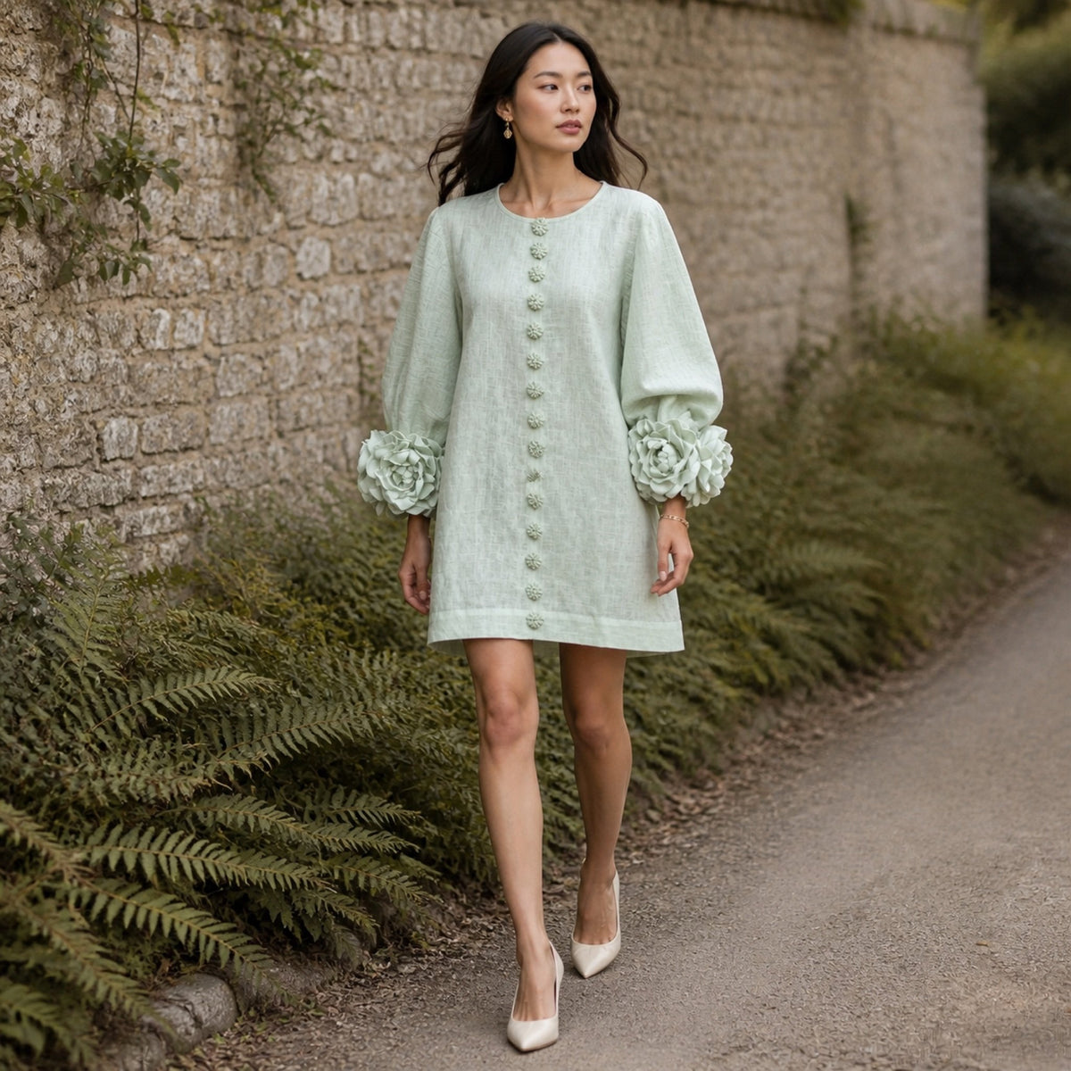 The Elowen | Floral-Cuff Mini Dress, Sage Mist — outdoor movement