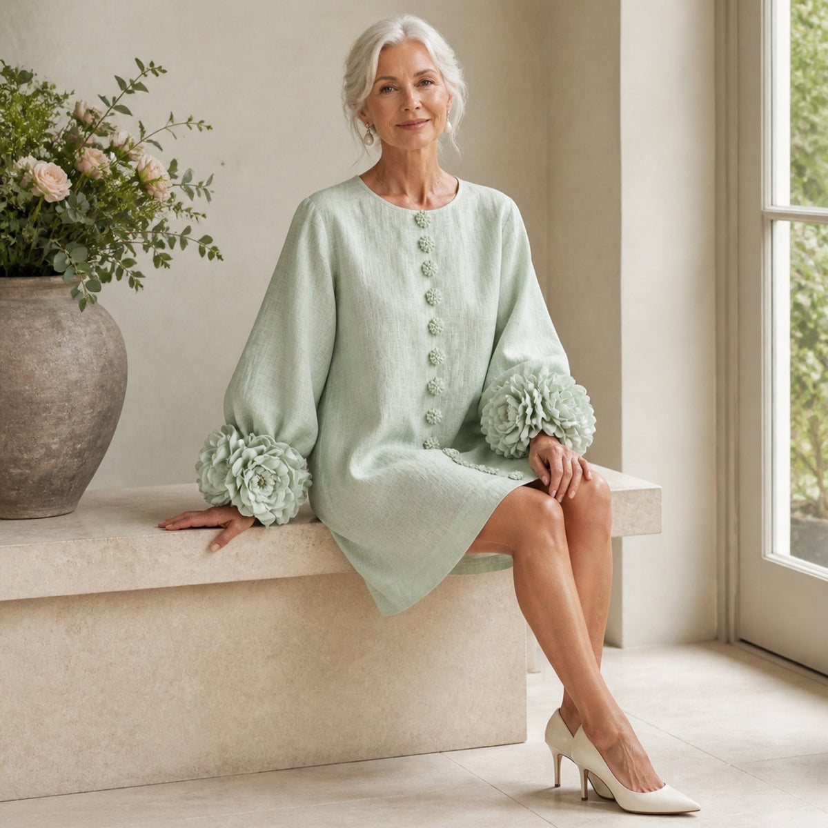 The Elowen | Floral-Cuff Mini Dress, Sage Mist — seated relaxed