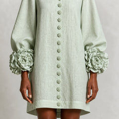 The Elowen | Floral-Cuff Mini Dress, Sage Mist — cuff detail
