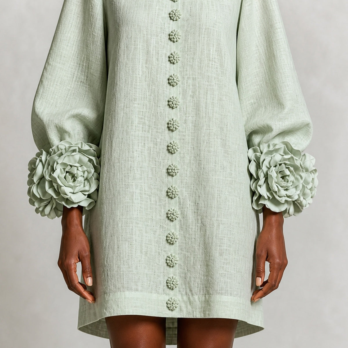 The Elowen | Floral-Cuff Mini Dress, Sage Mist — cuff detail