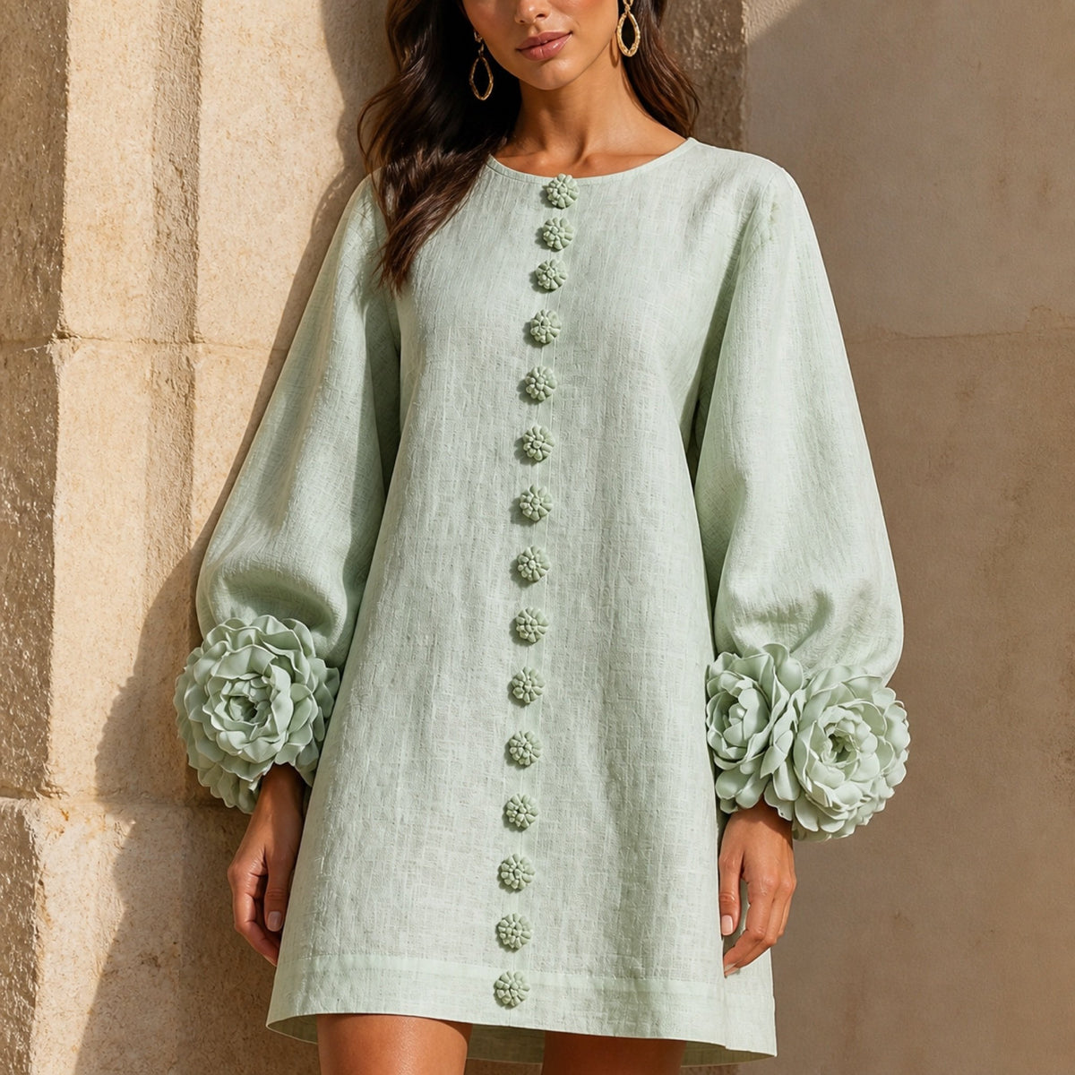 The Elowen | Floral-Cuff Mini Dress, Sage Mist — button fabric detail