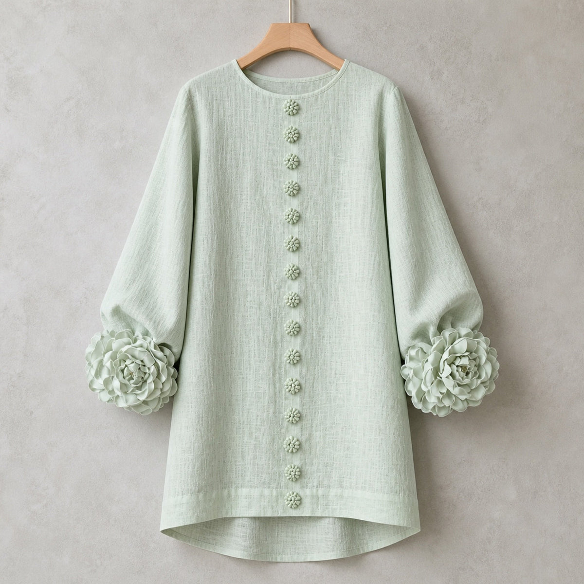 The Elowen | Floral-Cuff Mini Dress, Sage Mist — product hanger
