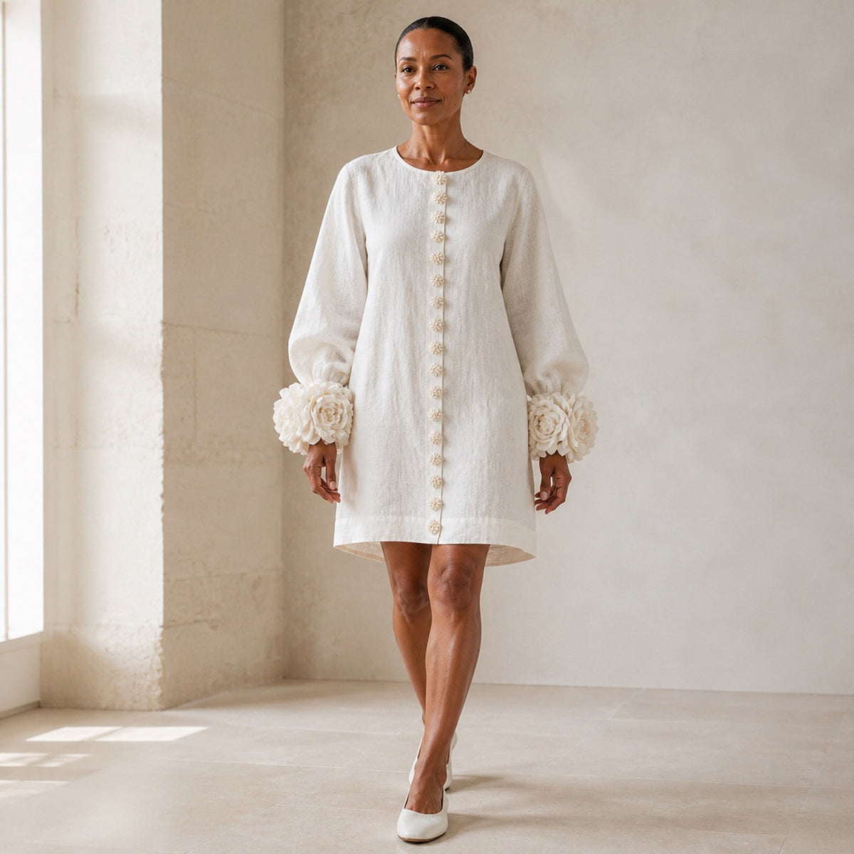 The Elowen | Floral-Cuff Mini Dress, White — studio front step