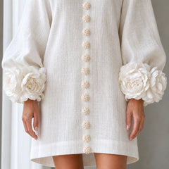The Elowen | Floral-Cuff Mini Dress, White — cuff button detail