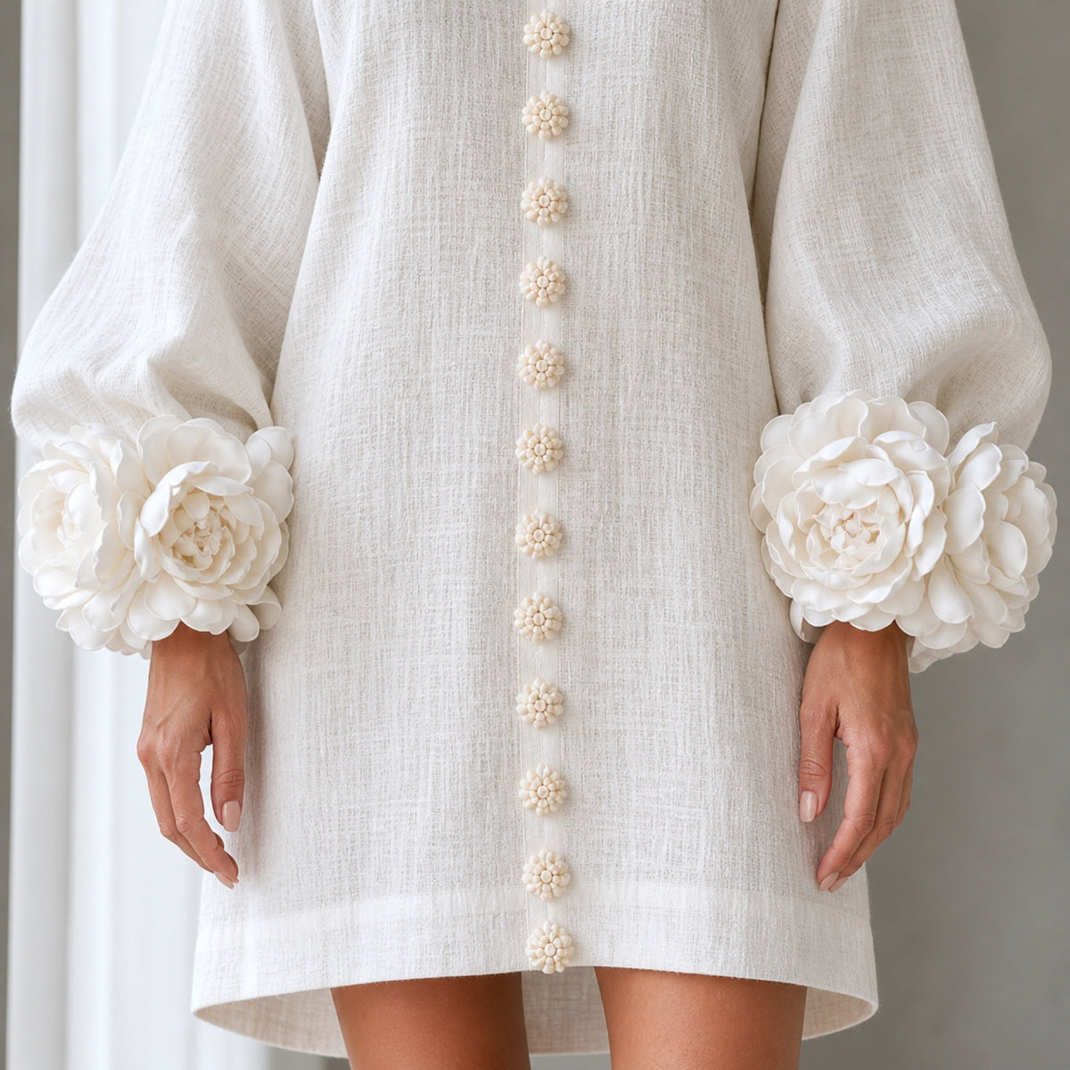 The Elowen | Floral-Cuff Mini Dress, White — cuff button detail
