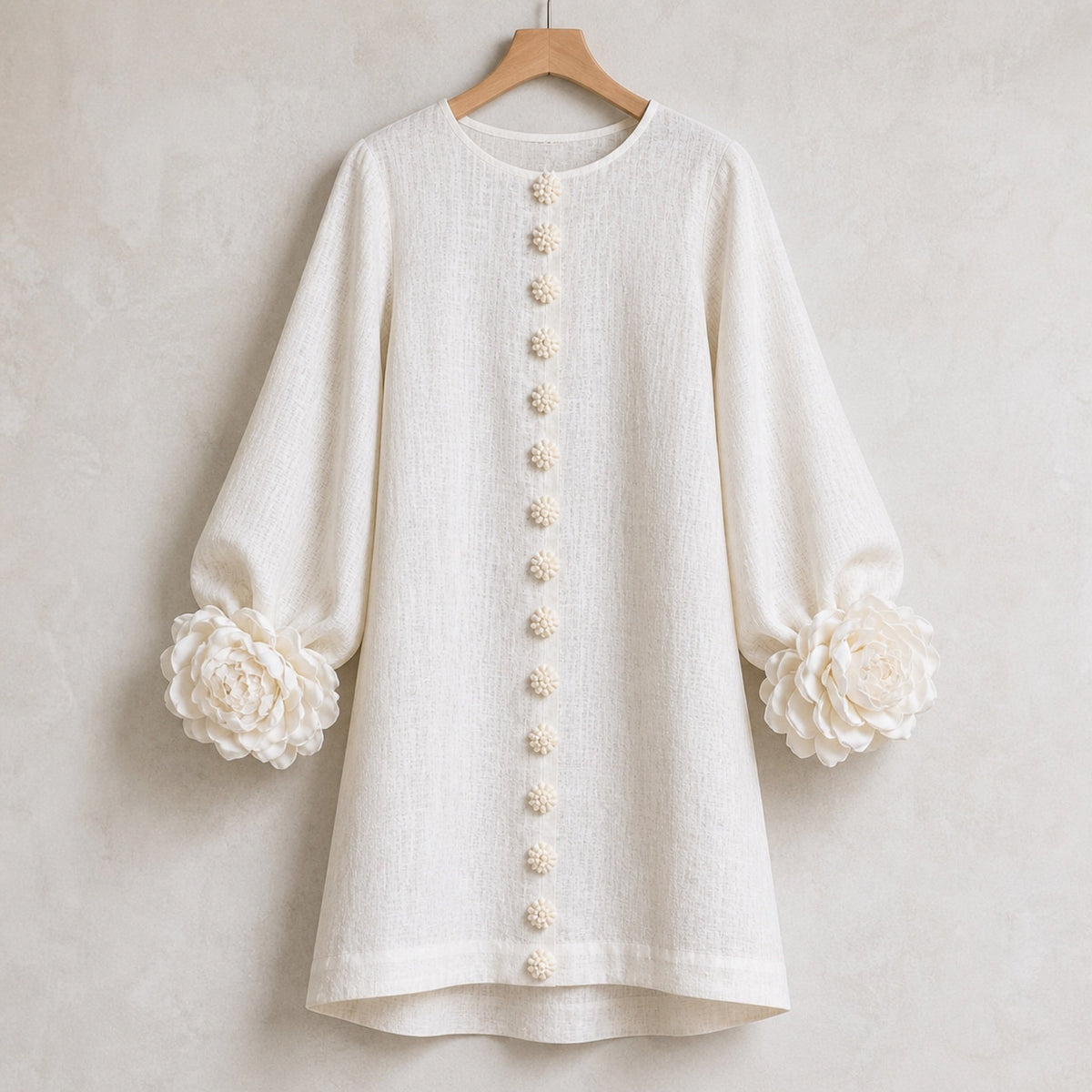The Elowen | Floral-Cuff Mini Dress, White — product hanger
