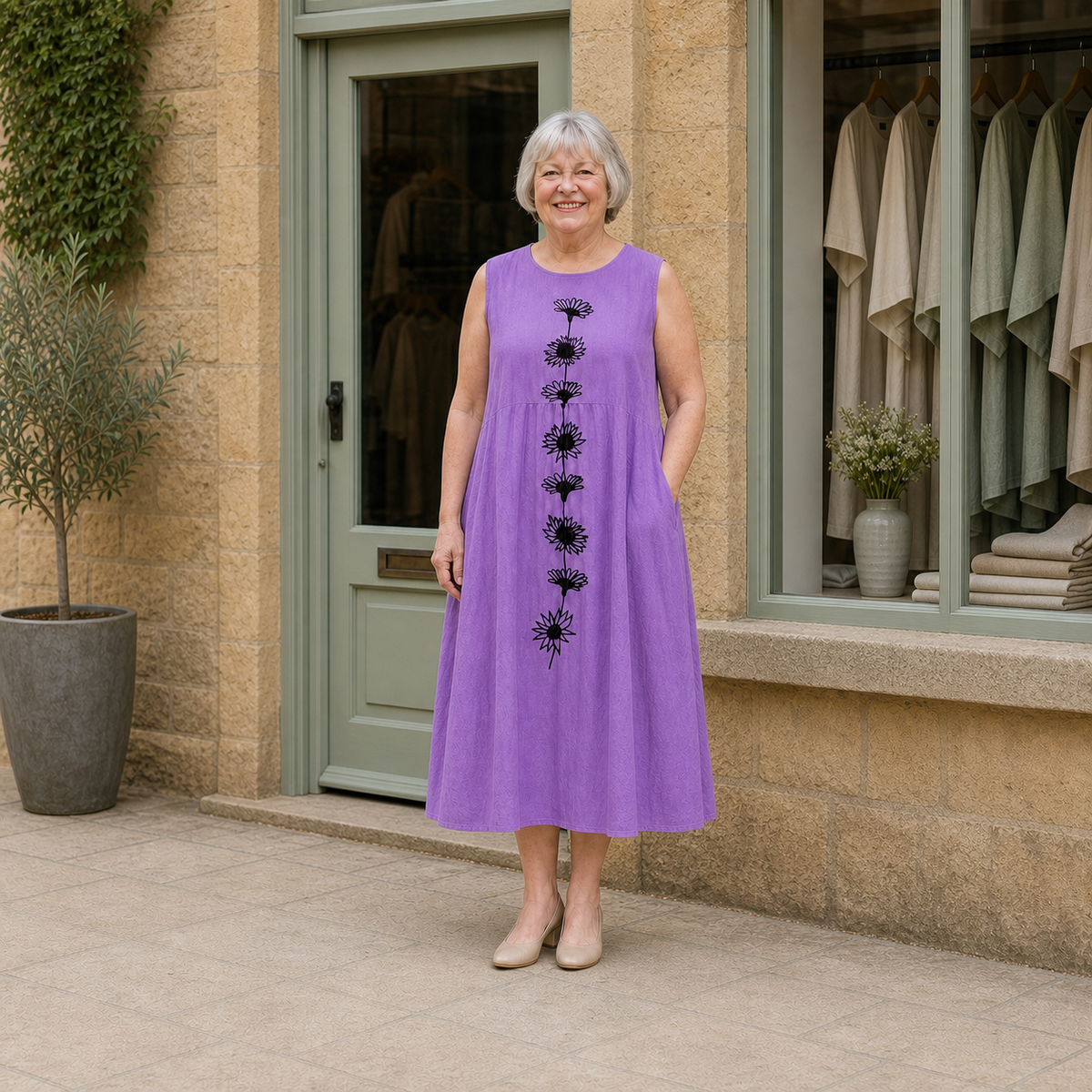 Margaret models the violet Emma midi dress with a black daisy-stem design in a contextual full-body view outside a pale-stone Cotswold boutique.