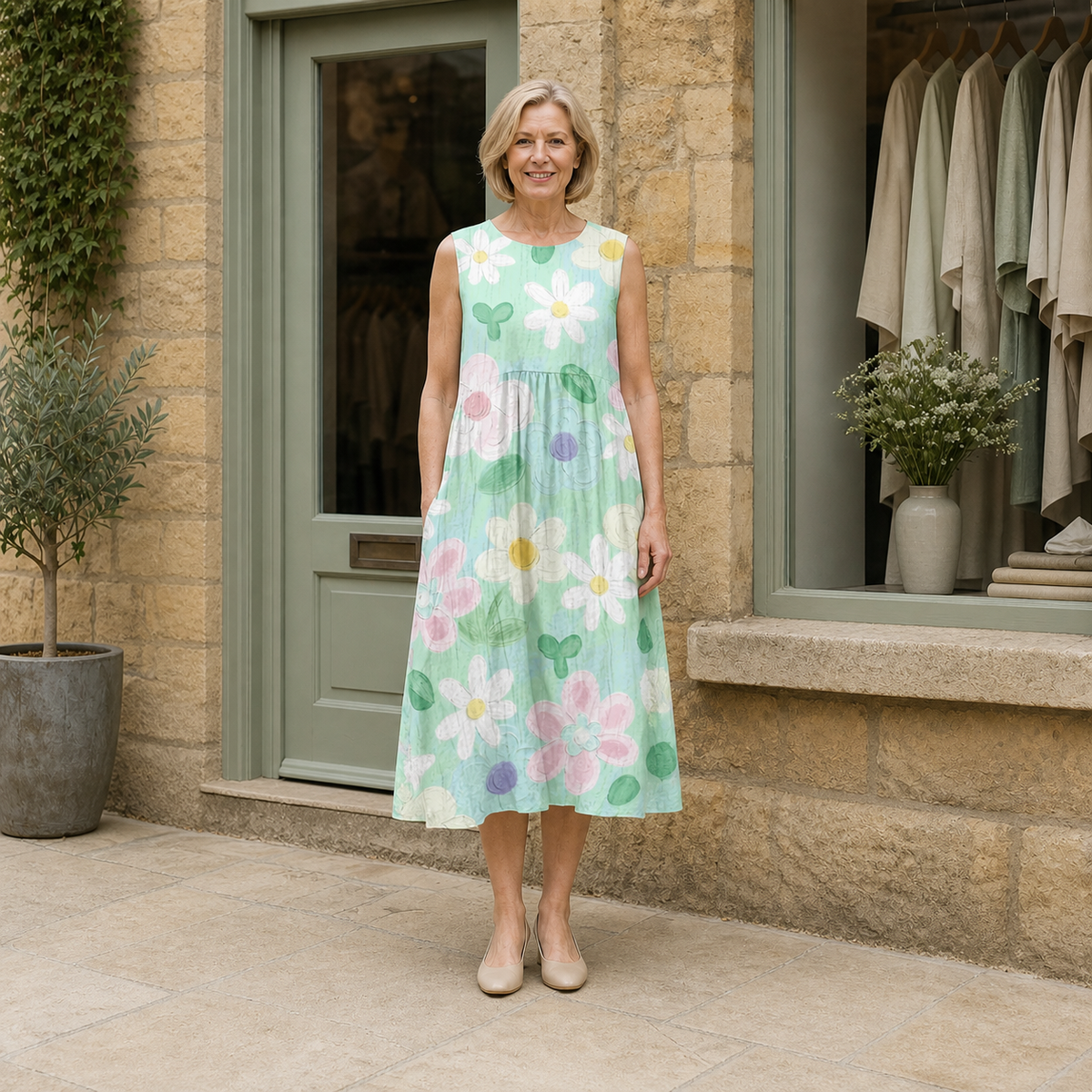 Helen models the mint Erin midi dress with white, pink and lilac blossoms in a front full-body view outside a pale-stone Cotswold boutique.
