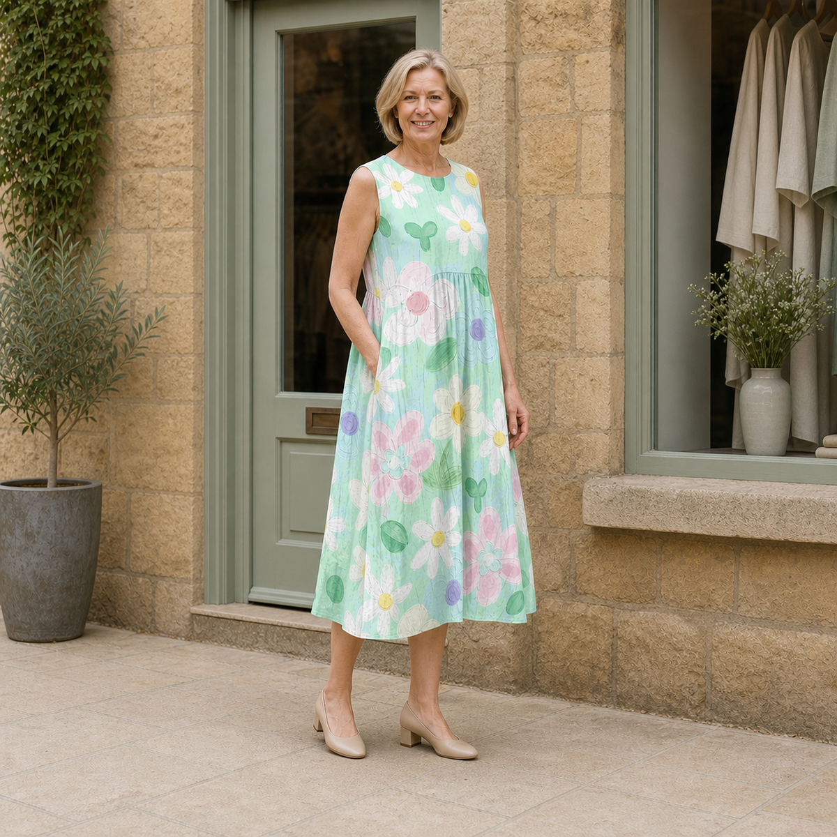 Helen models the mint Erin midi dress with white, pink and lilac blossoms in a slight three-quarter full-body view outside a pale-stone Cotswold boutique.