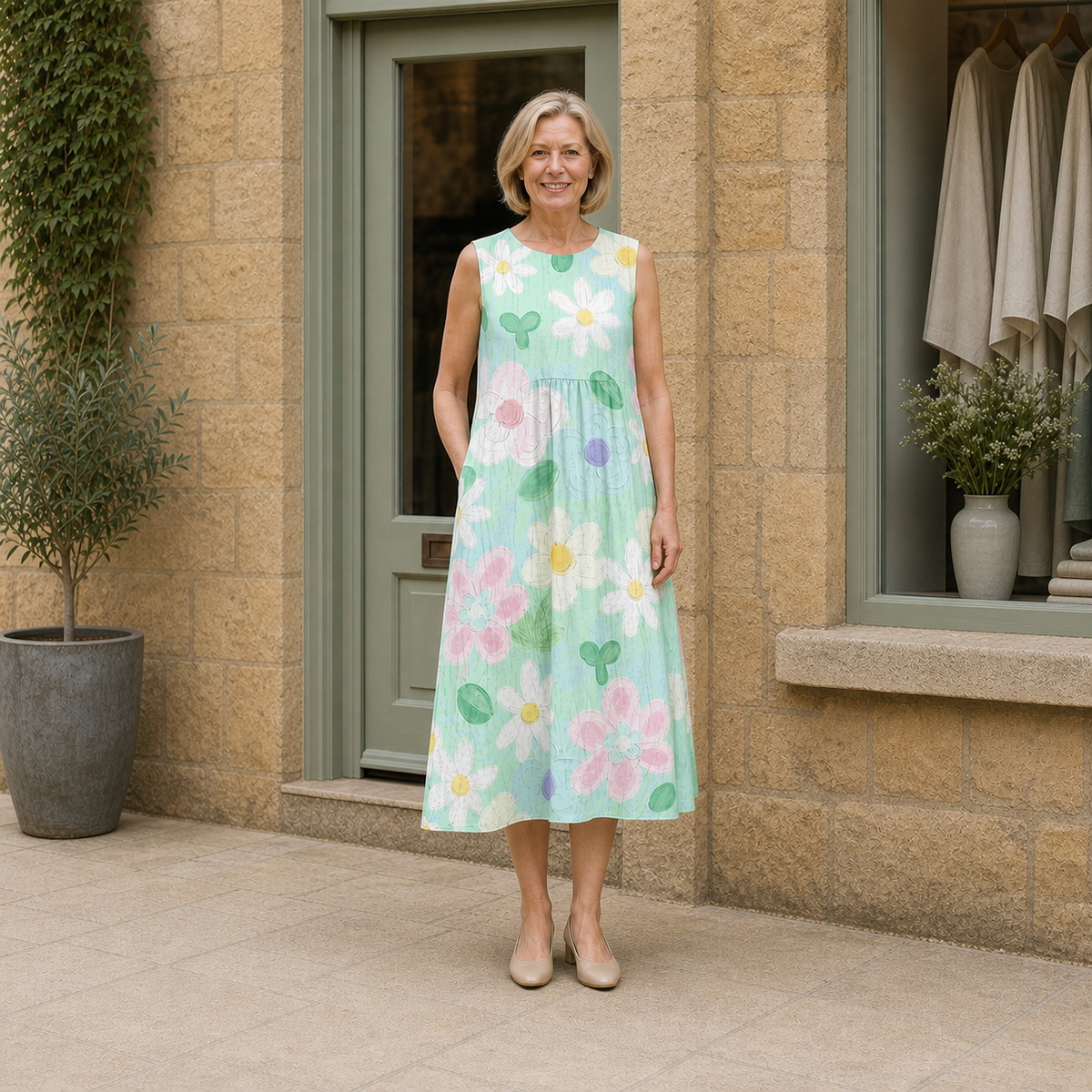 Helen models the mint Erin midi dress with white, pink and lilac blossoms in a contextual full-body view outside a pale-stone Cotswold boutique.