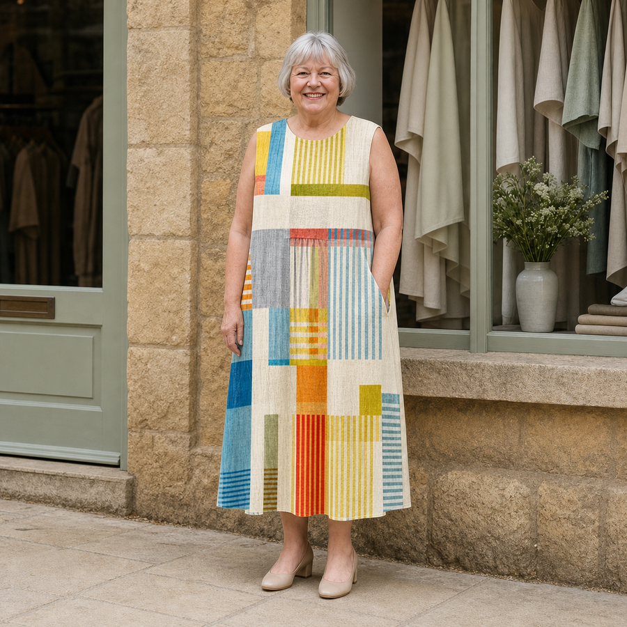 Margaret wearing the multicolour Eve Geometric Midi Dress, front full-body view outside the Cotswold stone boutique.