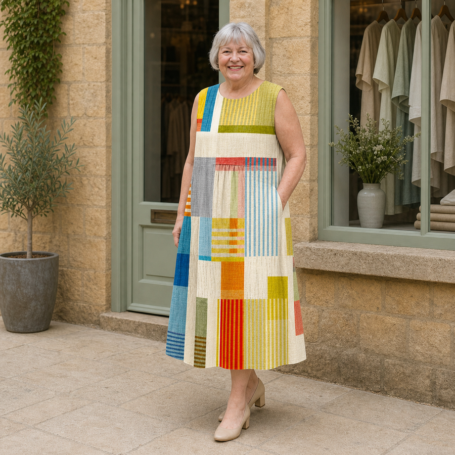 Margaret wearing the multicolour Eve Geometric Midi Dress, three-quarter full-body view outside the Cotswold stone boutique.