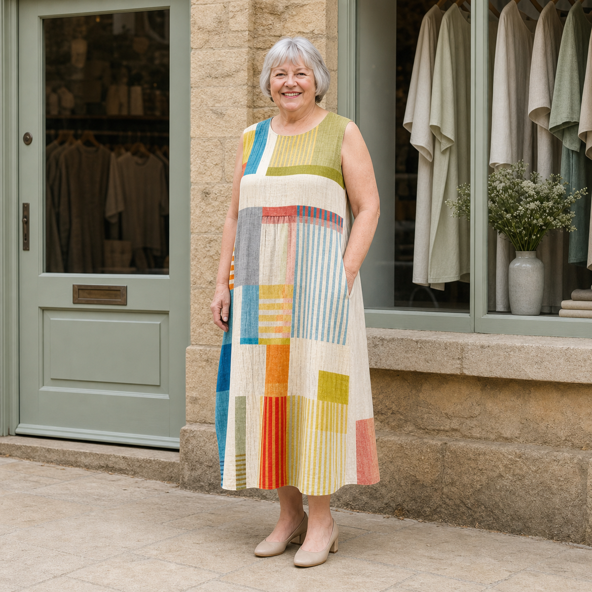 Margaret wearing the multicolour Eve Geometric Midi Dress, contextual full-body view outside the Cotswold stone boutique.