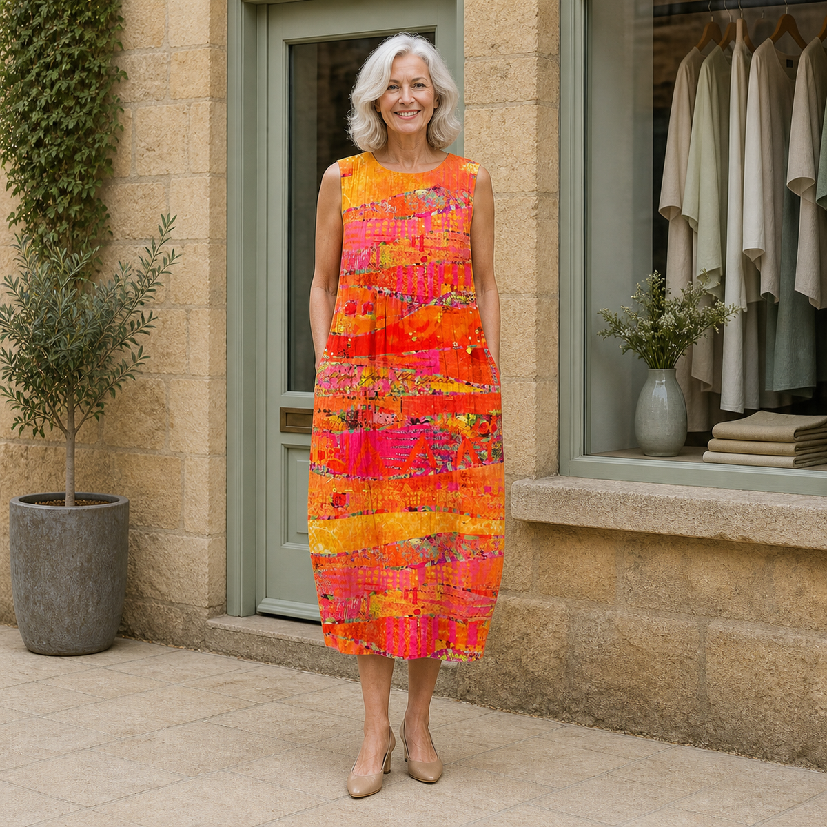 Rose wearing the multicolour Faye Sunset Midi Dress, front full-body view outside the Cotswold stone boutique.