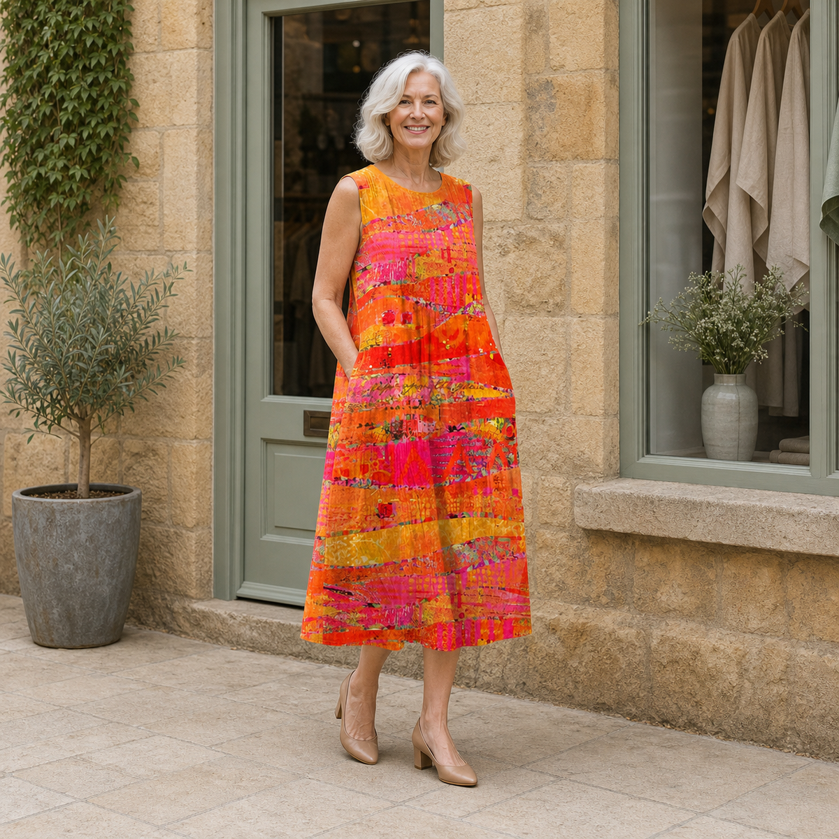 Rose wearing the multicolour Faye Sunset Midi Dress, three-quarter full-body view outside the Cotswold stone boutique.
