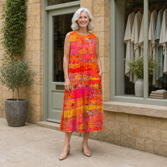 Rose wearing the multicolour Faye Sunset Midi Dress, contextual full-body view outside the Cotswold stone boutique.