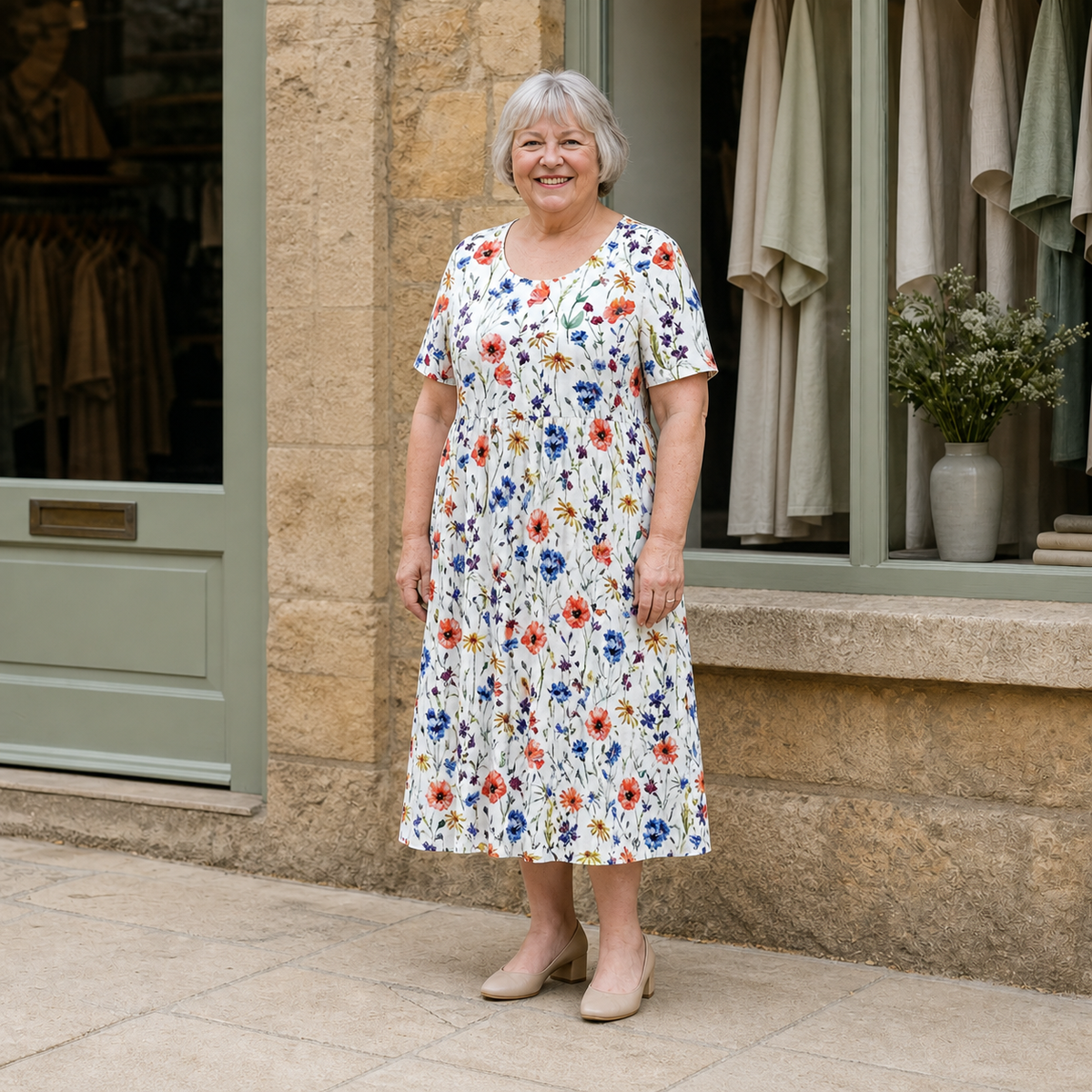 Georgina midi dress in Red floral — full front view on Margaret outside the Cotswold boutique