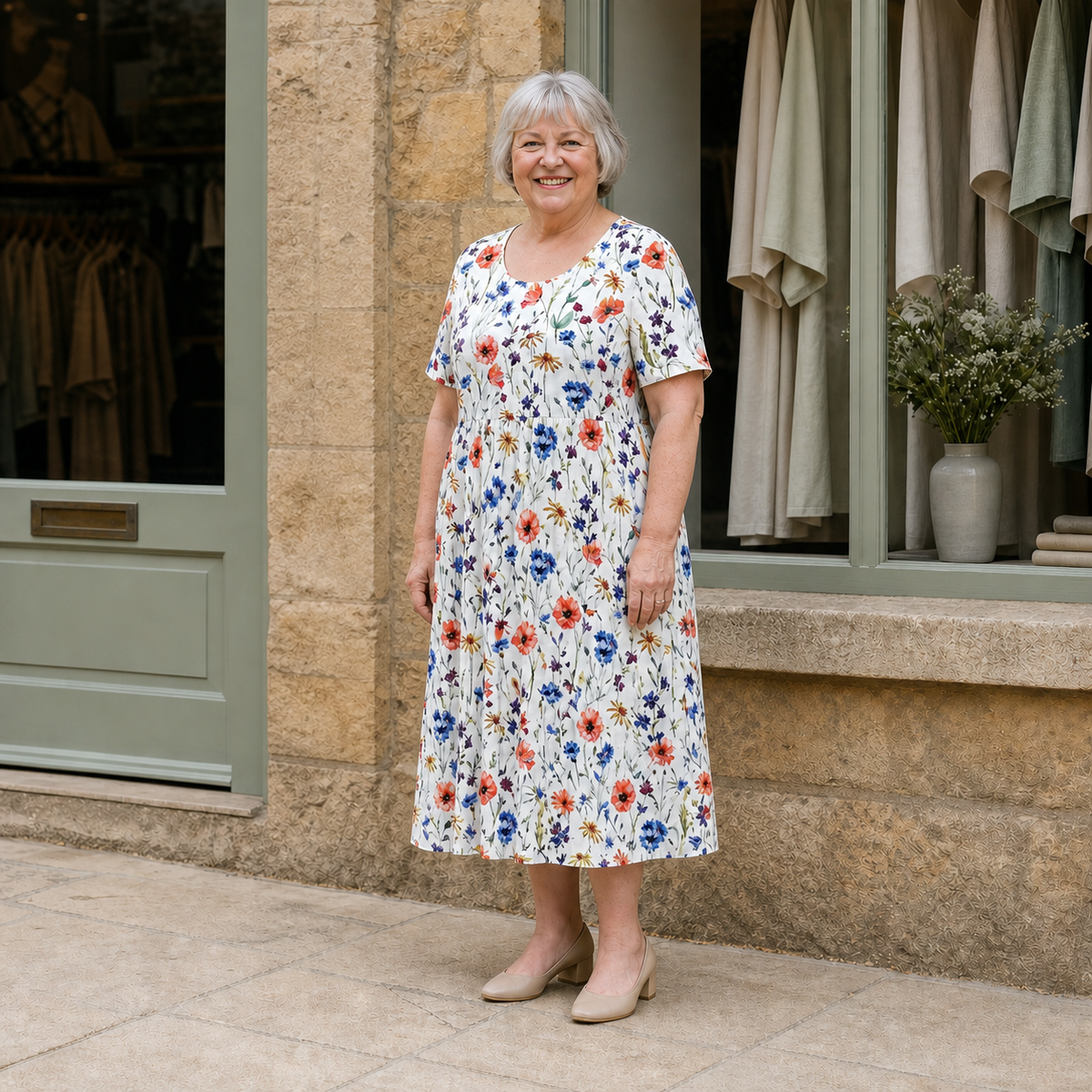 Georgina midi dress in Red floral — three-quarter view on Margaret outside the Cotswold boutique