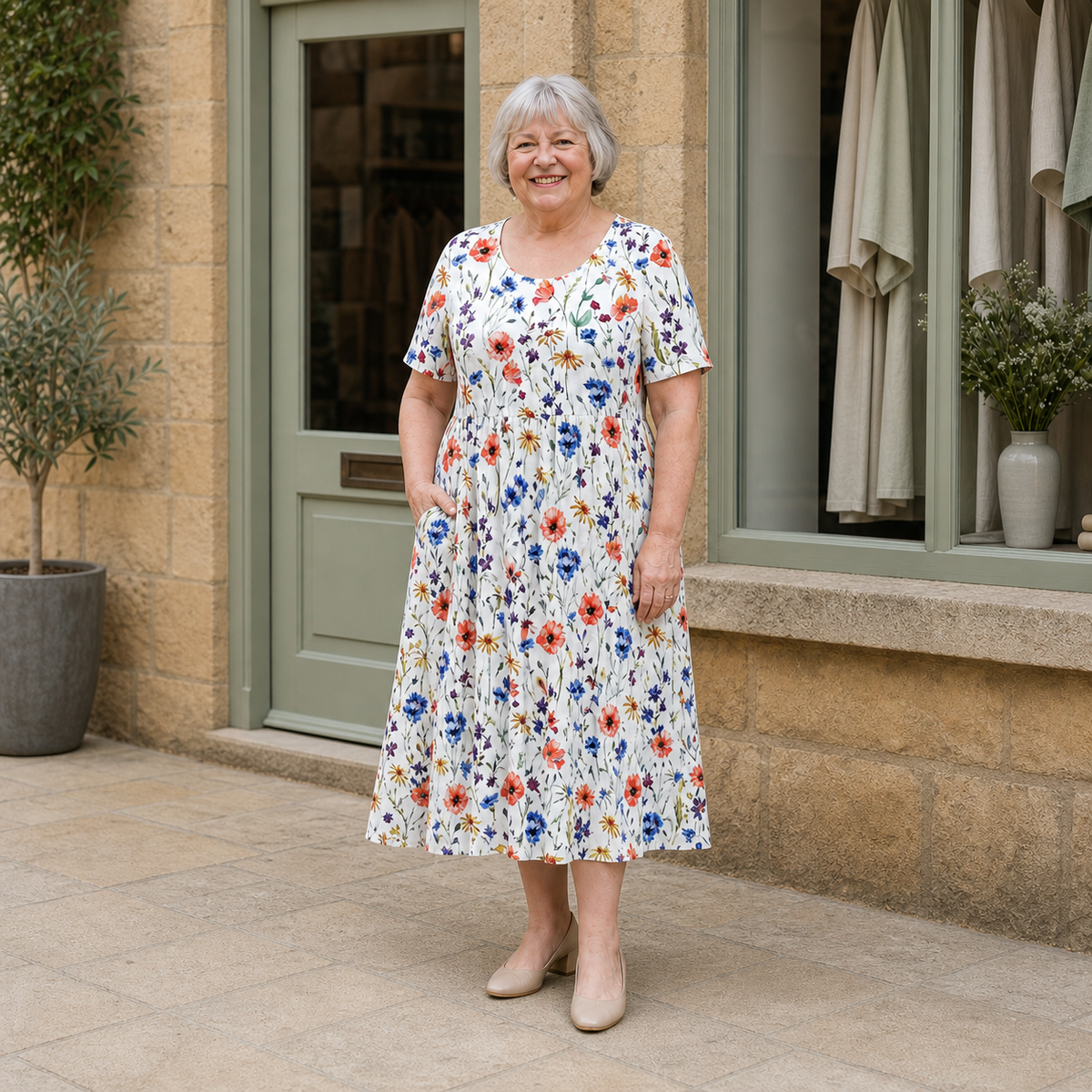 Georgina midi dress in Red floral — pocket and drape view on Margaret outside the Cotswold boutique