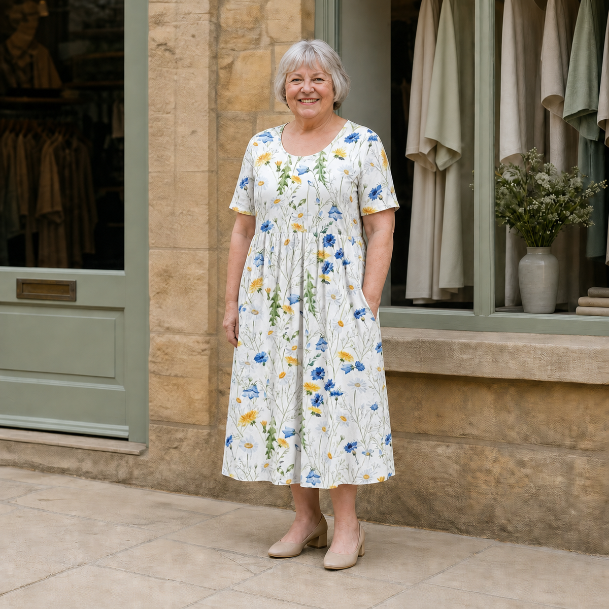 Georgina midi dress in Yellow floral — full front view on Margaret outside the Cotswold boutique