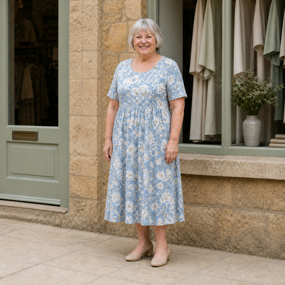 Georgina midi dress in Light blue floral — full front view on Margaret outside the Cotswold boutique