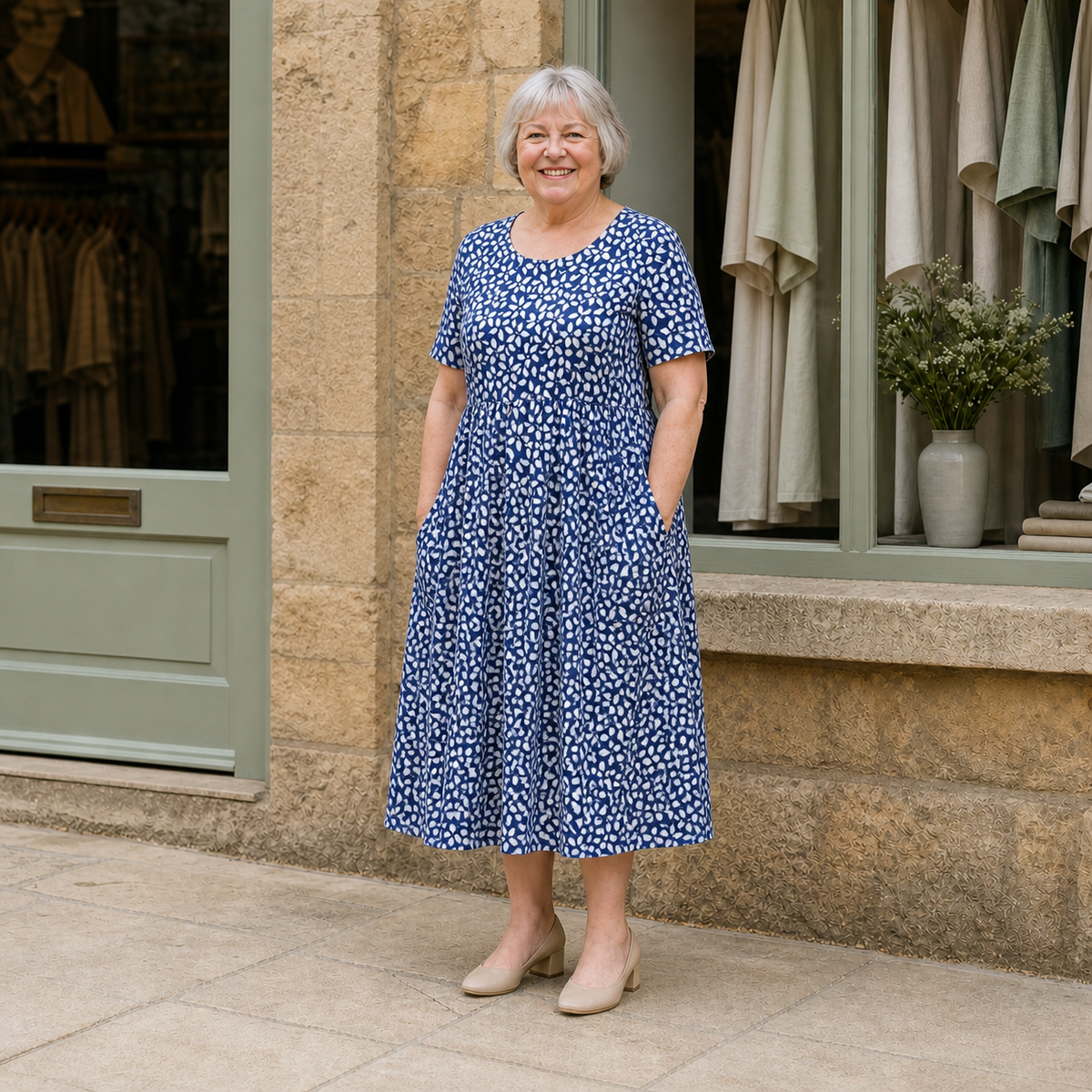 Georgina midi dress in Blue floral — full front view on Margaret outside the Cotswold boutique