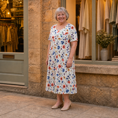 Georgina midi dress in Red floral — early-evening three-quarter view on Margaret outside the Cotswold boutique