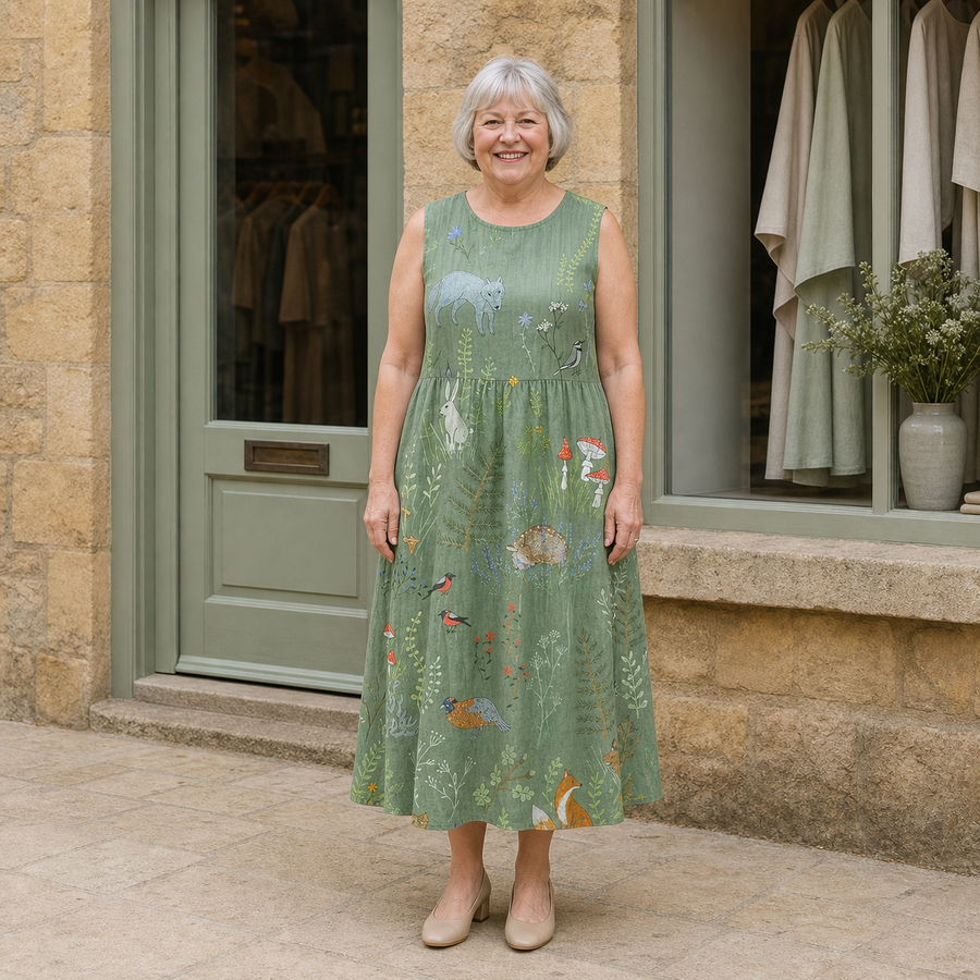 Margaret models the sage Hope woodland midi dress with illustrated animals and mushrooms in a front full-body view outside a pale-stone Cotswold boutique.