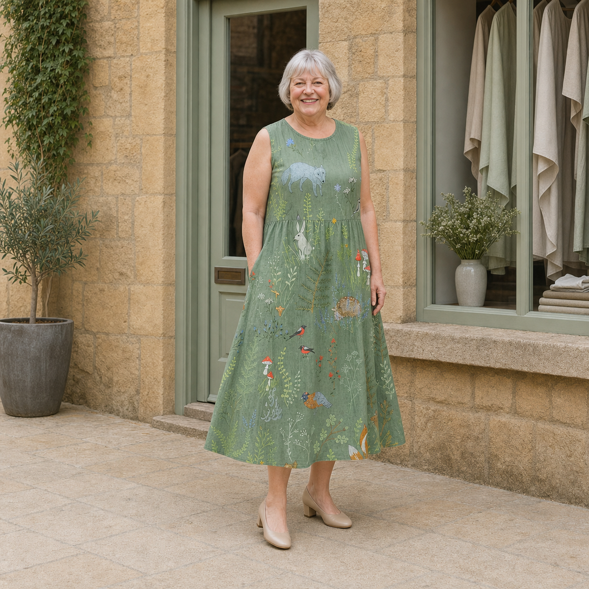 Margaret models the sage Hope woodland midi dress with illustrated animals and mushrooms in a slight three-quarter full-body view outside a pale-stone Cotswold boutique.