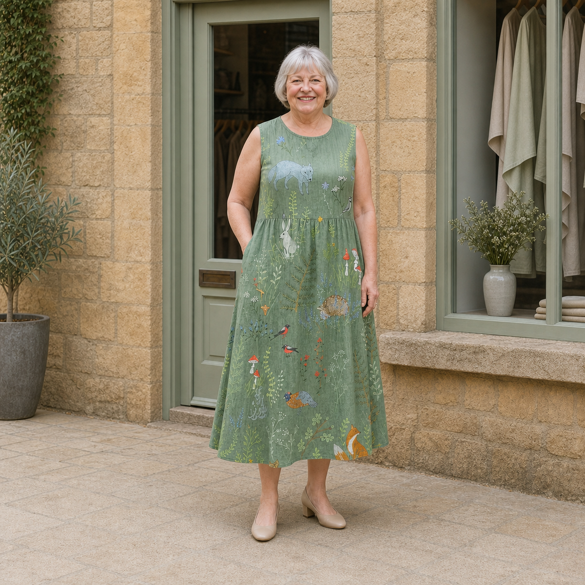 Margaret models the sage Hope woodland midi dress with illustrated animals and mushrooms in a contextual full-body view outside a pale-stone Cotswold boutique.
