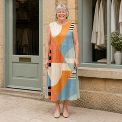 Margaret models the cream, ochre, coral and pale-blue geometric Iris midi dress in a front full-body view outside a pale-stone Cotswold boutique.