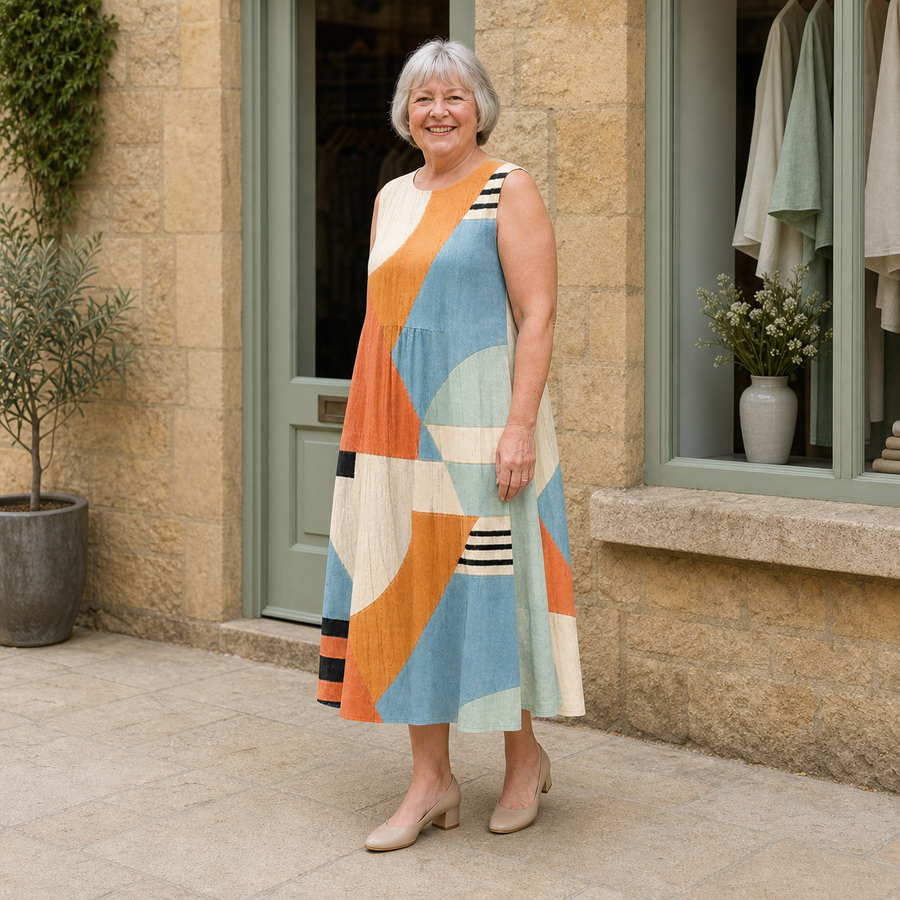 Margaret models the cream, ochre, coral and pale-blue geometric Iris midi dress in a slight three-quarter full-body view outside a pale-stone Cotswold boutique.