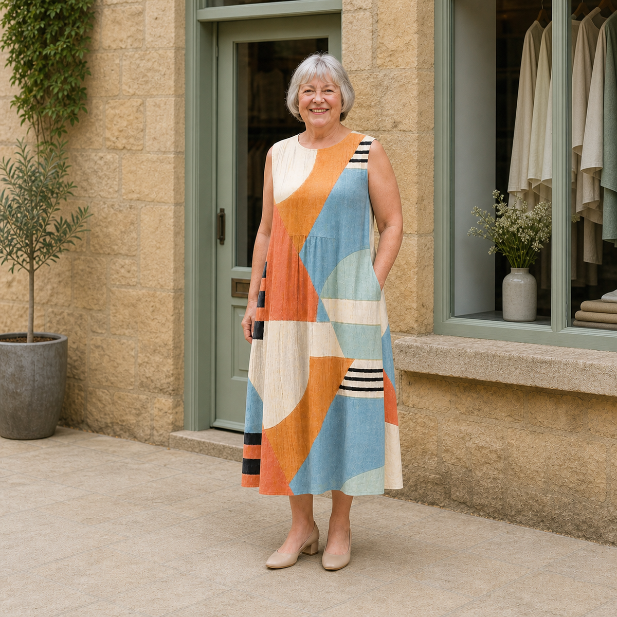 Margaret models the cream, ochre, coral and pale-blue geometric Iris midi dress in a contextual full-body view outside a pale-stone Cotswold boutique.