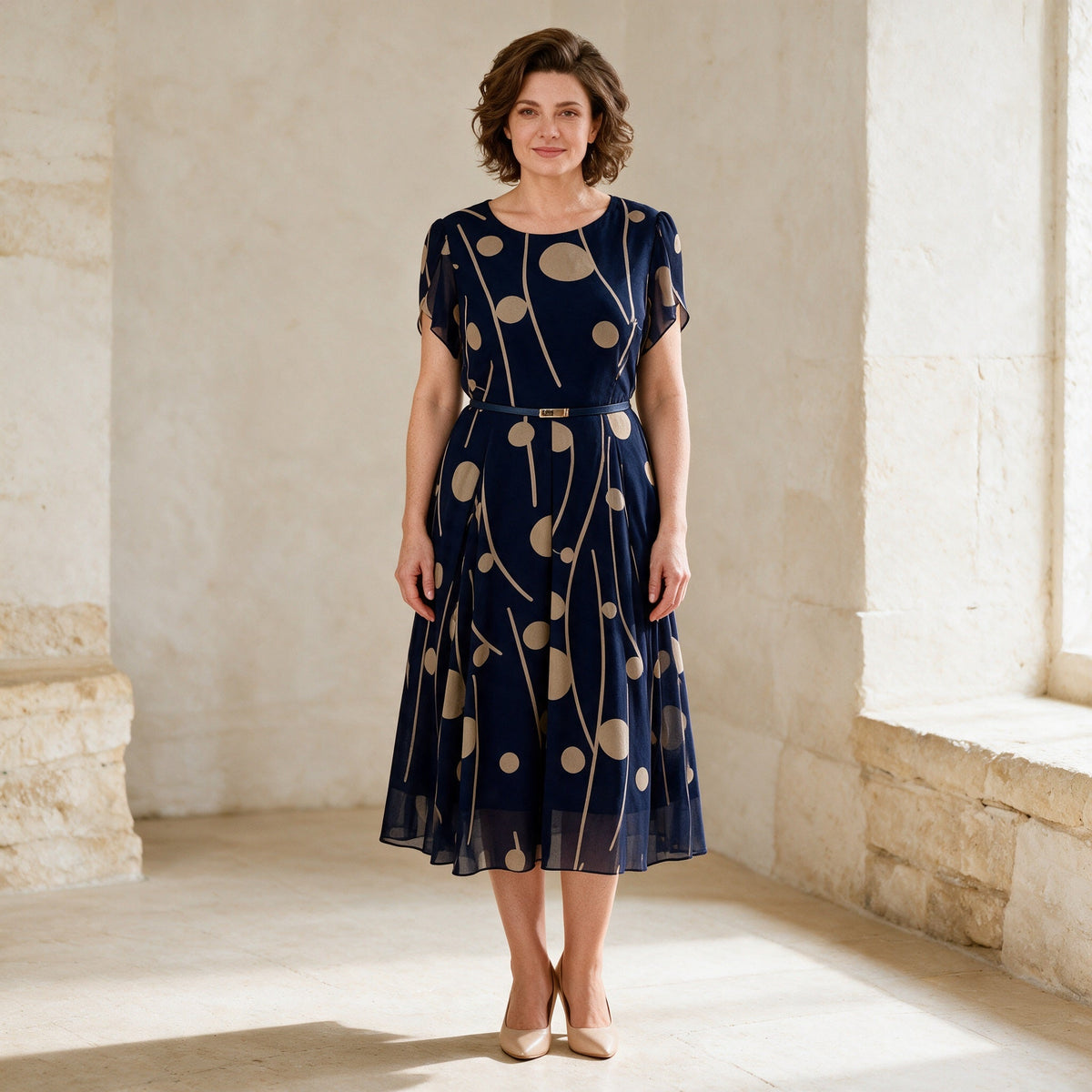 IVY navy chiffon midi dress, full front view