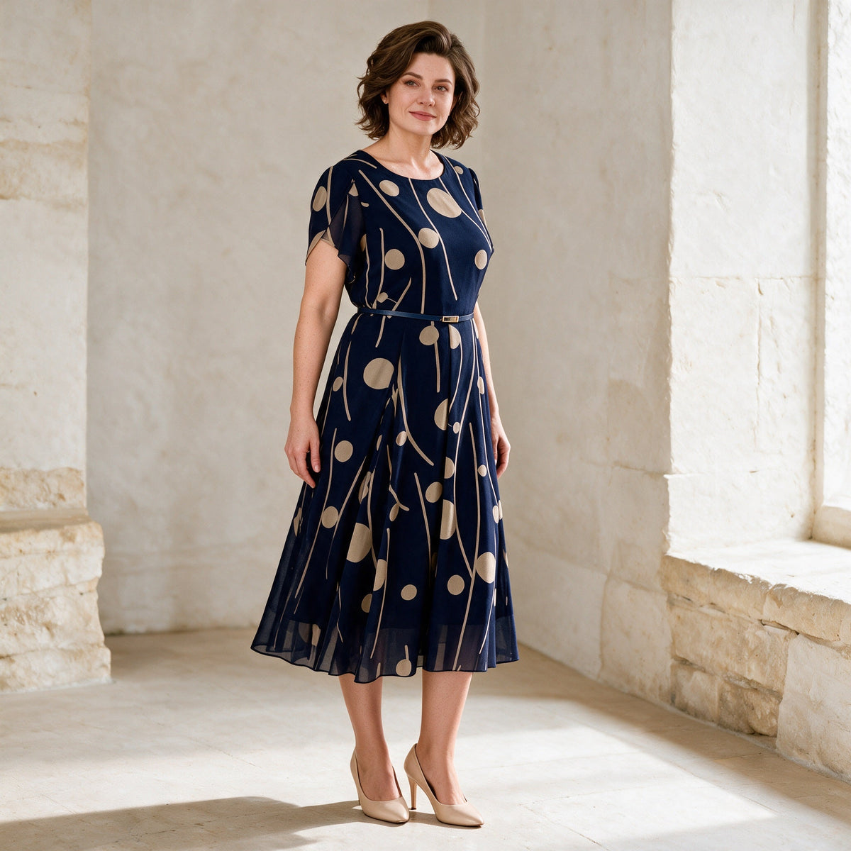 IVY navy chiffon midi dress, three-quarter view