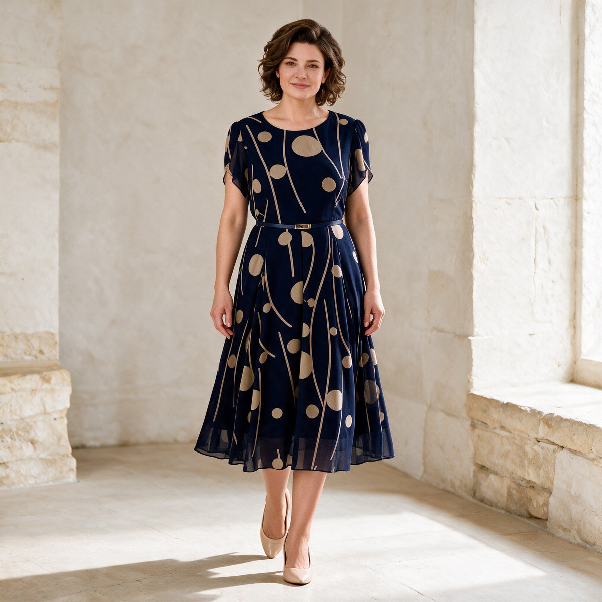 IVY navy chiffon midi dress in a gentle walking pose