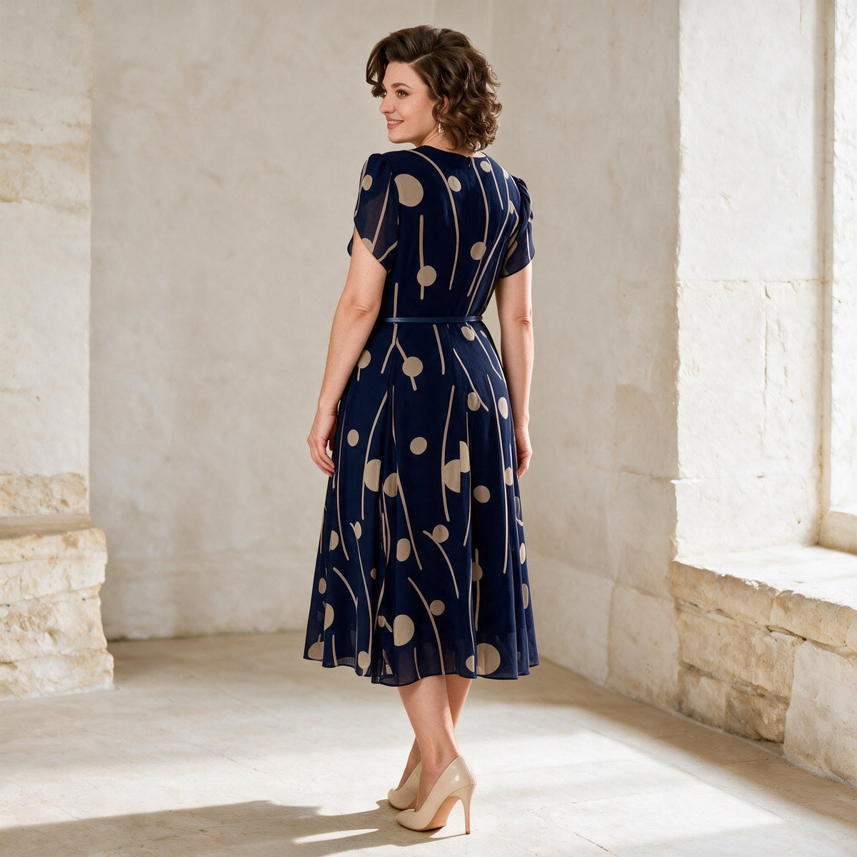 IVY navy chiffon midi dress, rear three-quarter view